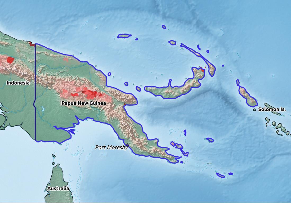 Map of Papua New Guinea with world location, topography, capital city, and nearby major cities.
